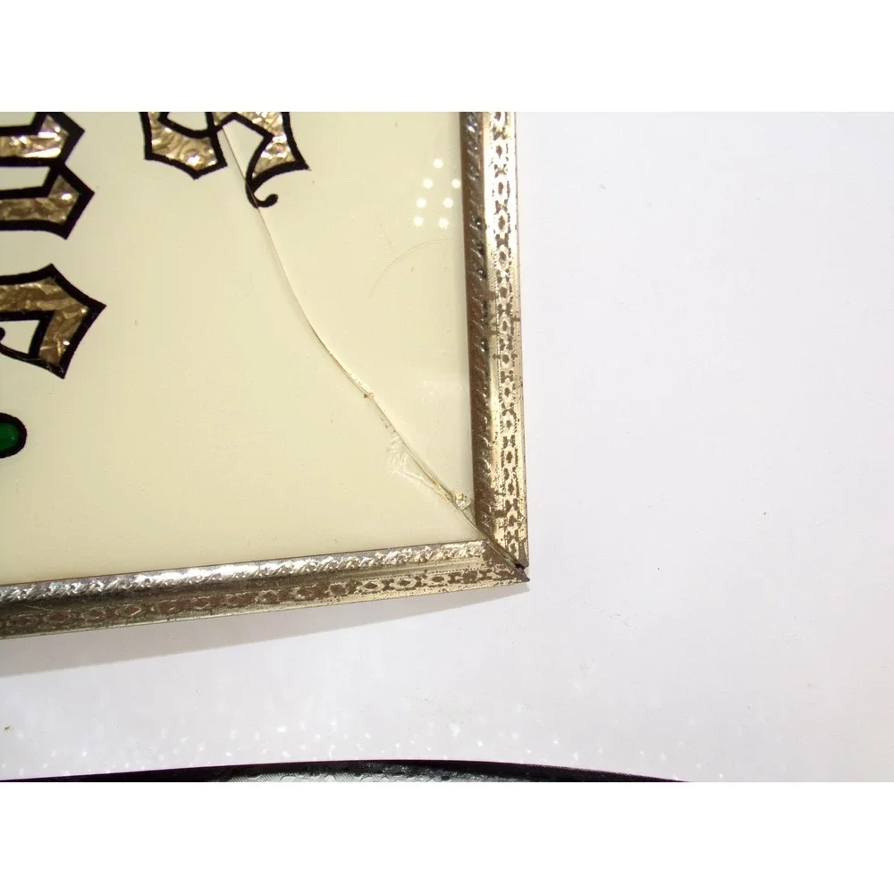Vtg GOD BLESS OUR HOME Foil Mirror Glass Plaque Scalloped Wall Art 16x8